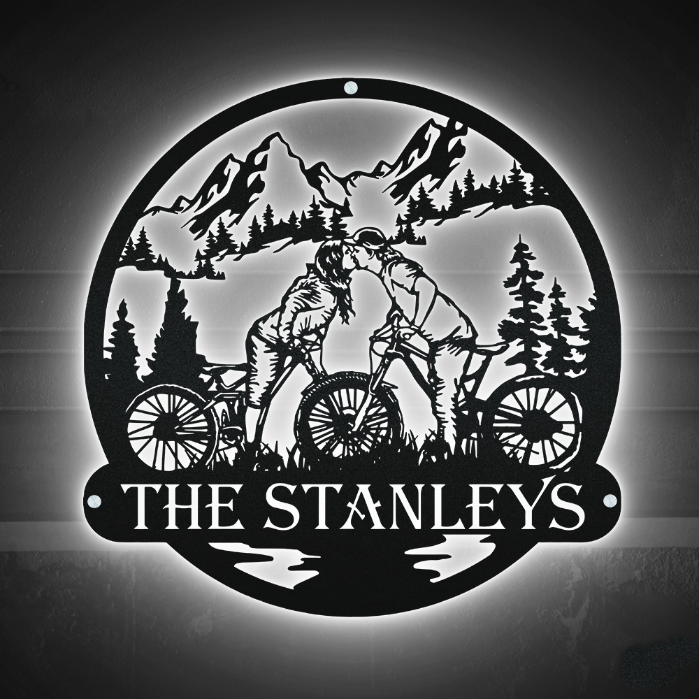 Moutain Biking Couple Kiss Sign - Led Light Metal - Owls Matrix LTD