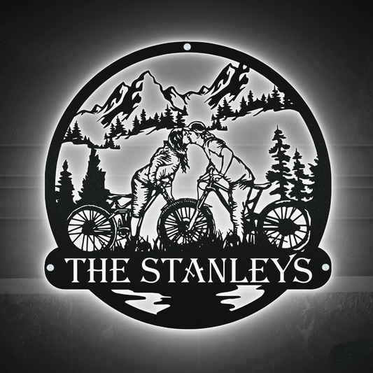 Moutain Biking Couple Kiss Sign - Led Light Metal - Owls Matrix LTD