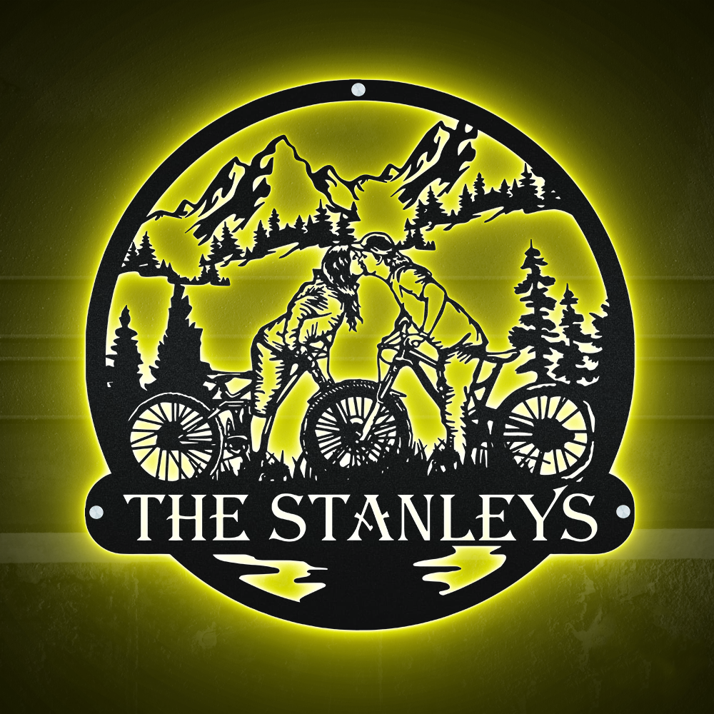 Moutain Biking Couple Kiss Sign - Led Light Metal - Owls Matrix LTD