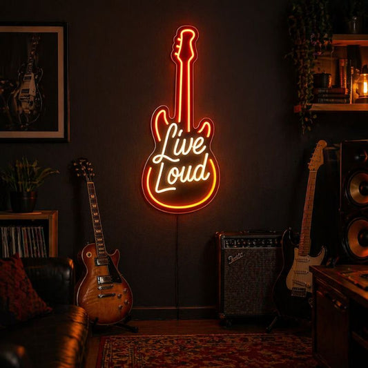 Music Neon Sign Guitar Live Loud - LED Wall Decor