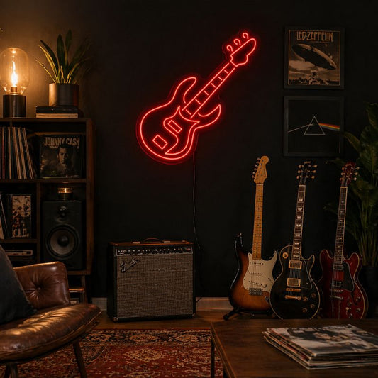 Music Neon Sign Guitar Red - LED Wall Decor Light