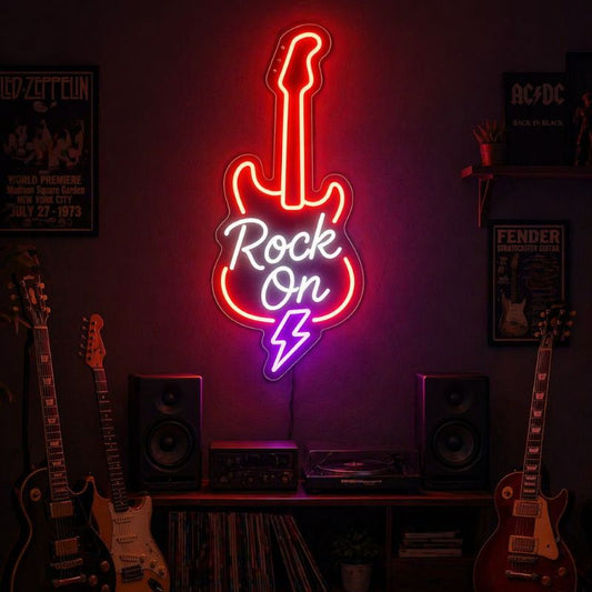 Music Neon Sign Guitar Rock On - LED Wall Decor