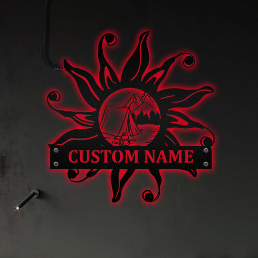 12"x12" Camping Solar Sun Camping Outdoor Personalized - Led Light Metal - Owls Matrix LTD