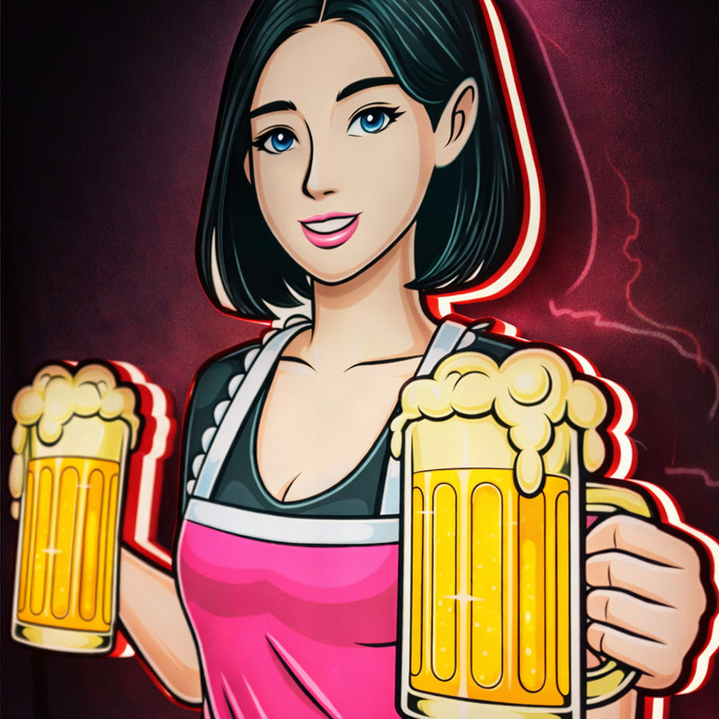 Neon Beer Girl Wall Sign – Bartender Illustration LED Neon Light for Bar, Pub & Beer Lounge Decor