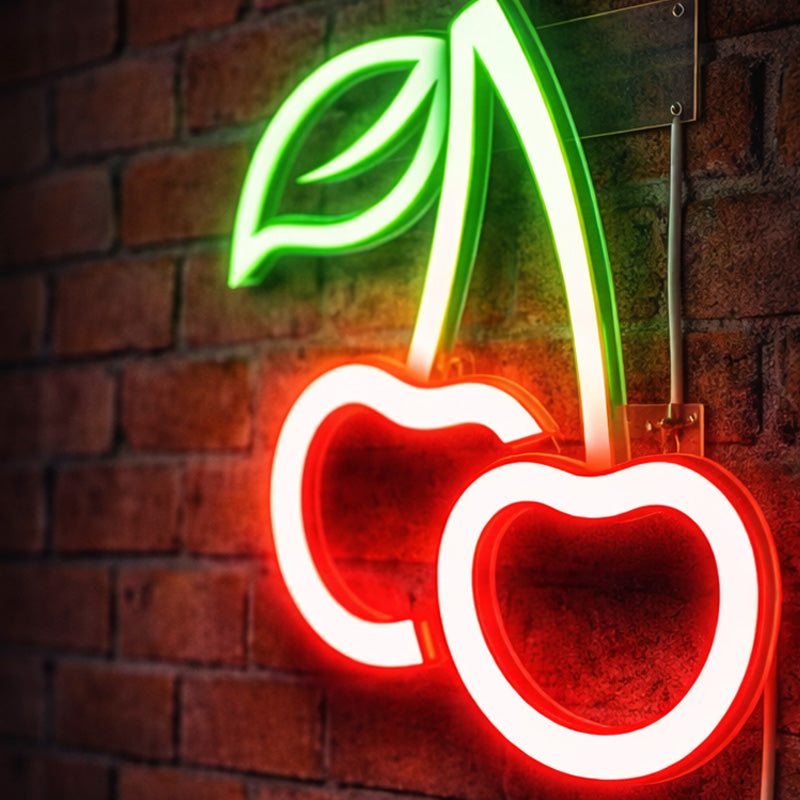 Neon Cherry Wall Sign – Red & Green LED Fruit Light for Bars, Cafés & Playful Interiors