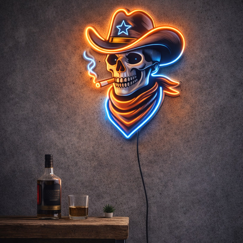 Neon Cowboy Skull Wall Sign – Western Skeleton LED Art with Hat, Scarf & Cigar Glow