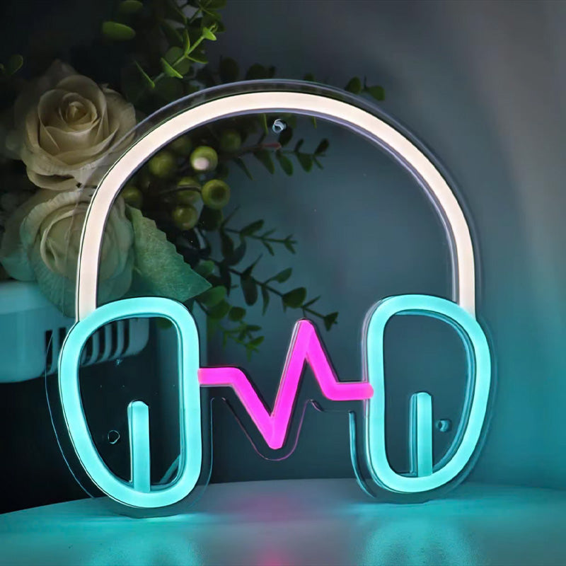 Neon Headphones with Heartbeat LED Sign – Music Studio & Gaming Room Wall Light