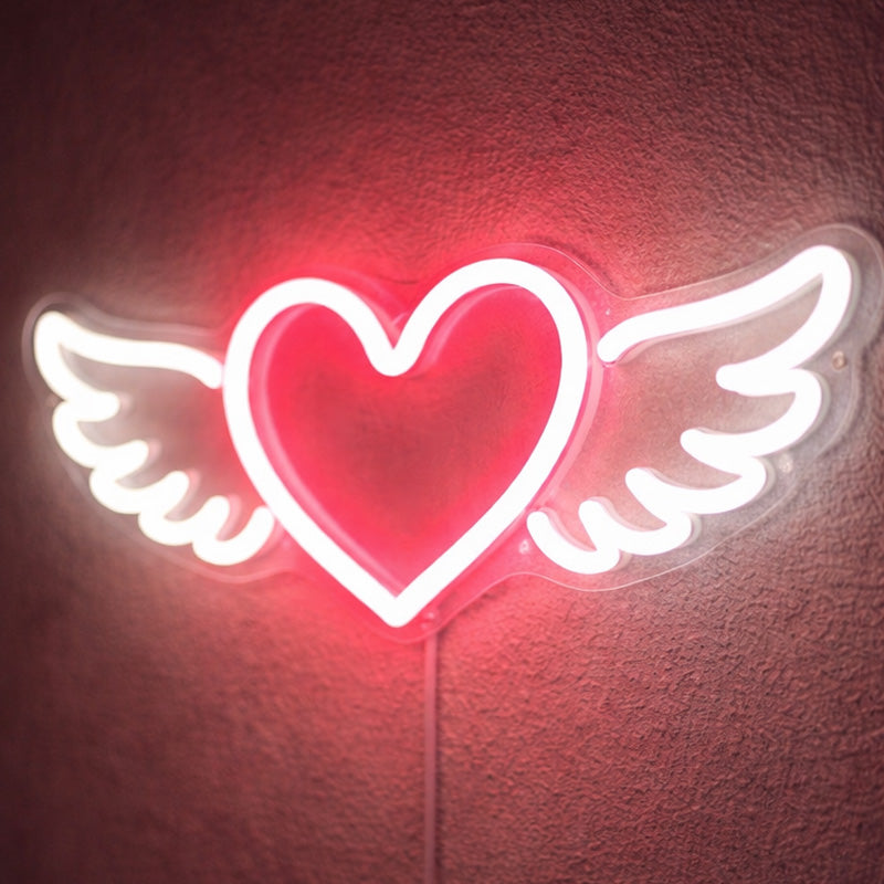 Neon Heart with Wings Wall Light – Romantic Red & White LED Love Sign