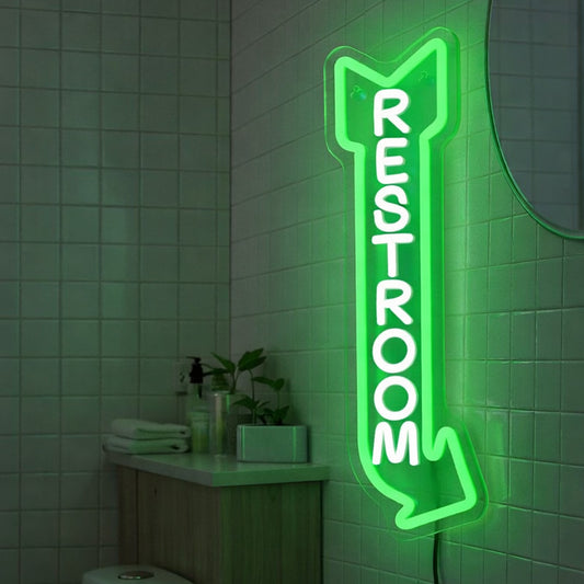 Neon Sign for Bathroom Decor – Green Restroom Arrow LED