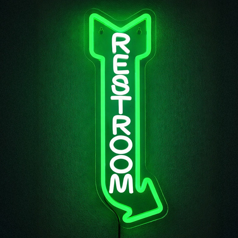 Neon Sign for Bathroom Decor – Green Restroom Arrow LED