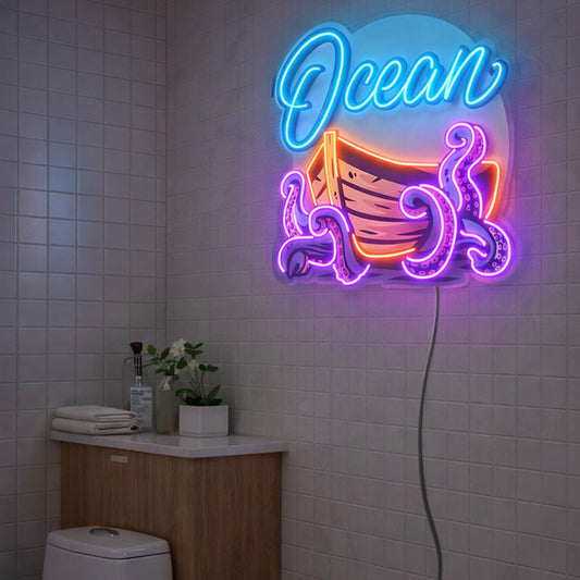Neon Sign for Bathroom Decor – Ocean Boat LED Wall Art
