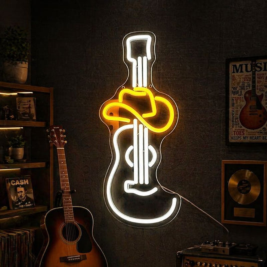 Music Neon Sign Guitar Hat - LED Wall Decor Light