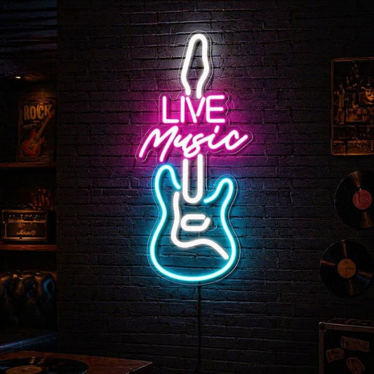 Music Neon Sign Guitar Live - LED Wall Decor Light