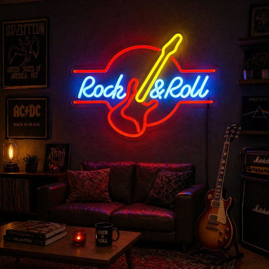 Music Neon Sign Guitar Rock - LED Wall Decor Light