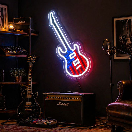 Music Neon Sign Guitar Flag - LED Wall Decor Light