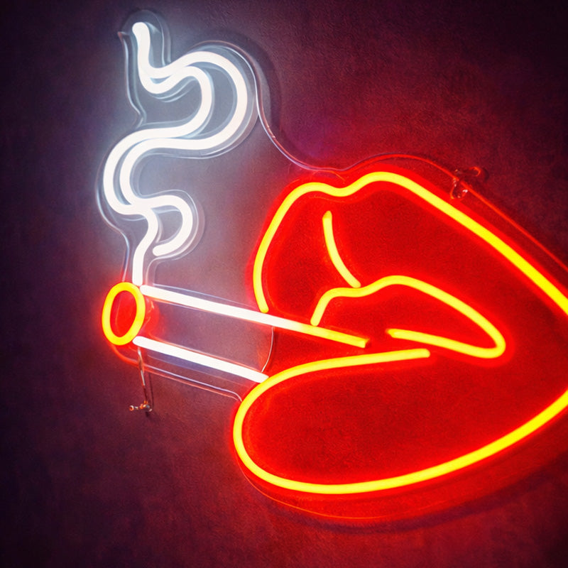 Neon Smoking Lips Wall Art – Red, White & Orange LED Neon Sign