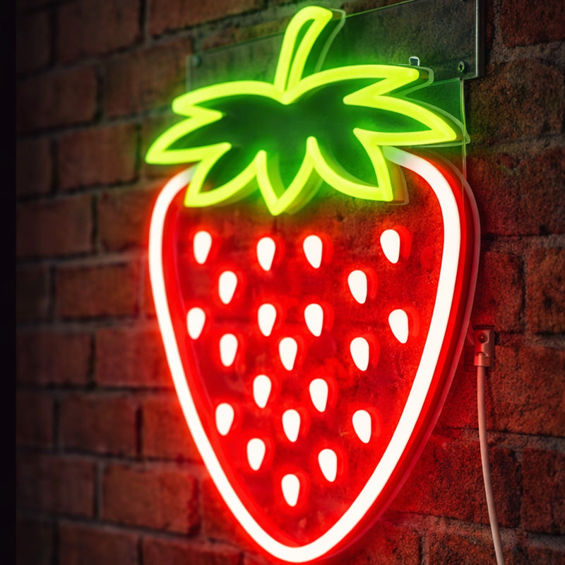 Neon Strawberry Wall Sign – Red & Green LED Fruit Light for Bars, Cafés & Modern Décor