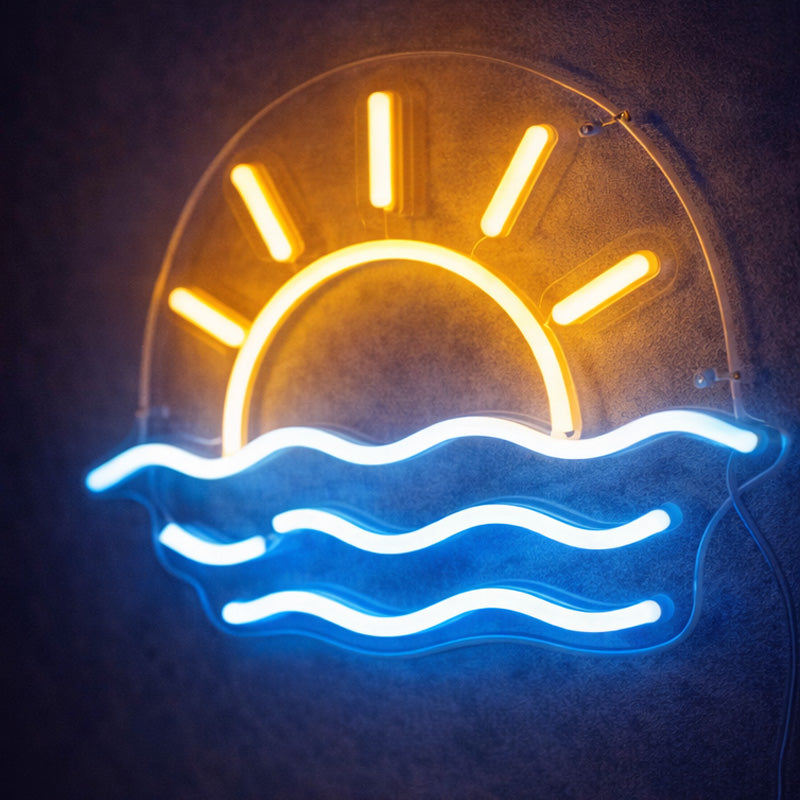 Neon Sunrise Ocean Wall Light – Warm Yellow & Blue LED Coastal Neon Sign