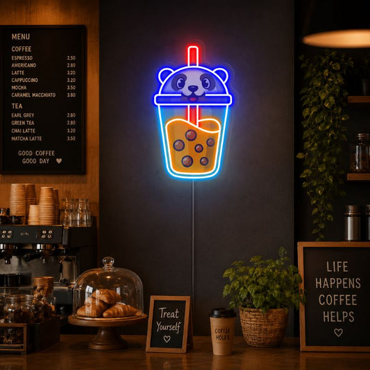 Neon Sign For Coffee Shop - Cute Boba Panda LED Sign