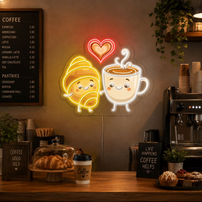 Neon Sign For Coffee Shop - Cute Coffee & Croissant