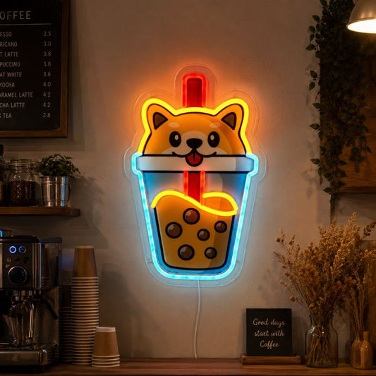 Neon Sign For Coffee Shop - Cute Dog Boba LED Sign