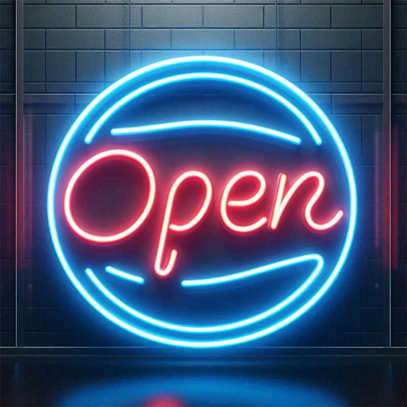 Open LED Neon Sign with Round Frame Design for Storefront, Shop Window and Business Display