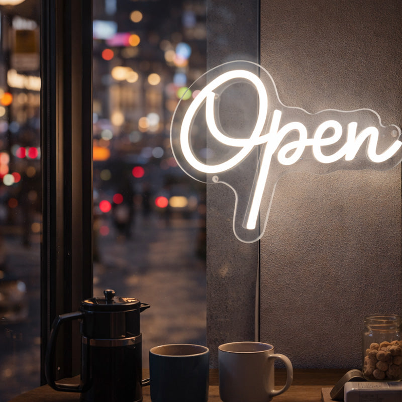 Open Neon Sign – White LED Script Light for Café, Coffee Bar & Shop Window