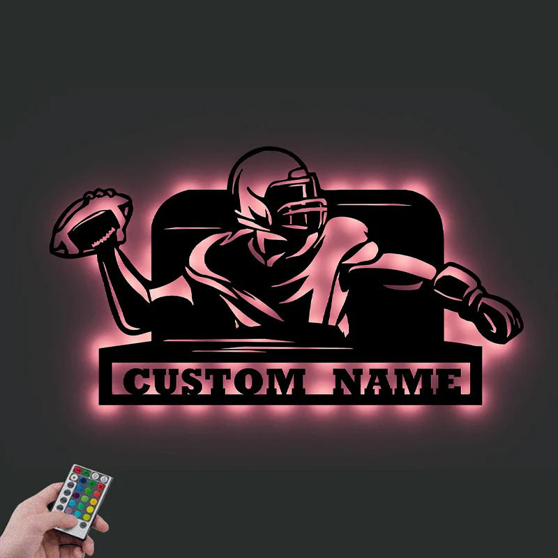 Personalized American Football Cutting Metal, Metal Wall Signs With RGB Led Light