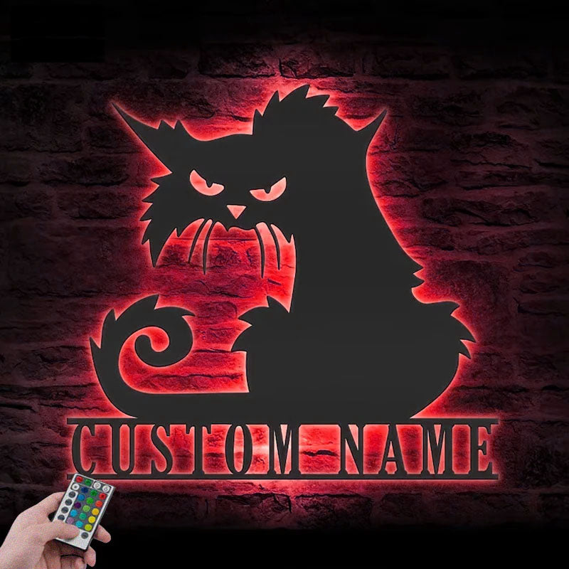 Personalized Angry Cat, Metal Wall Signs With RGB Led Light
