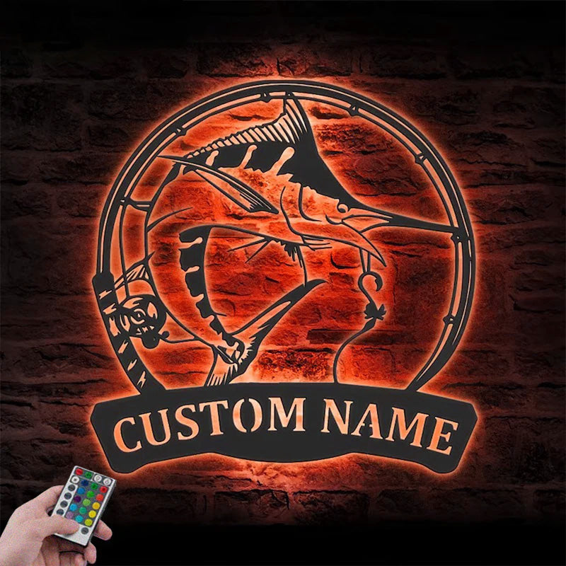 Personalized Atlantic Blue Marlin Fishing Metal Wall Signs With RGB Led Light