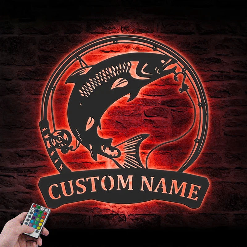 Personalized Atlantic Salmon Fishing Metal Wall Signs With RGB Led Light