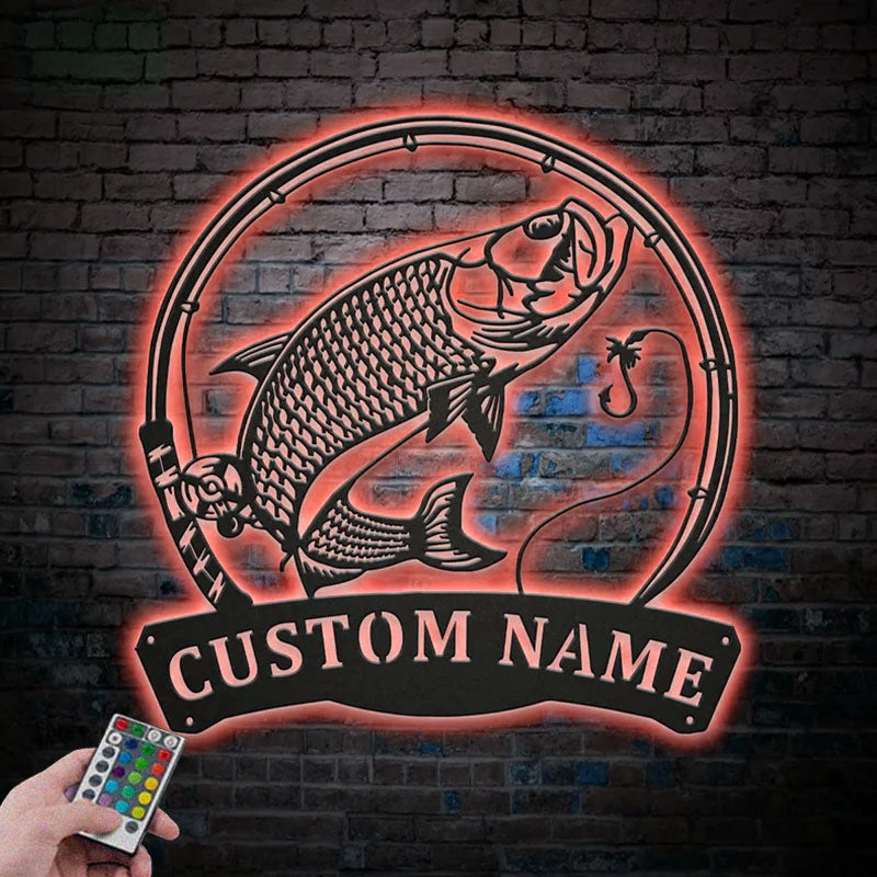 Personalized Atlantic Tarpon Fish Pole Metal Wall Signs With RGB Led Light