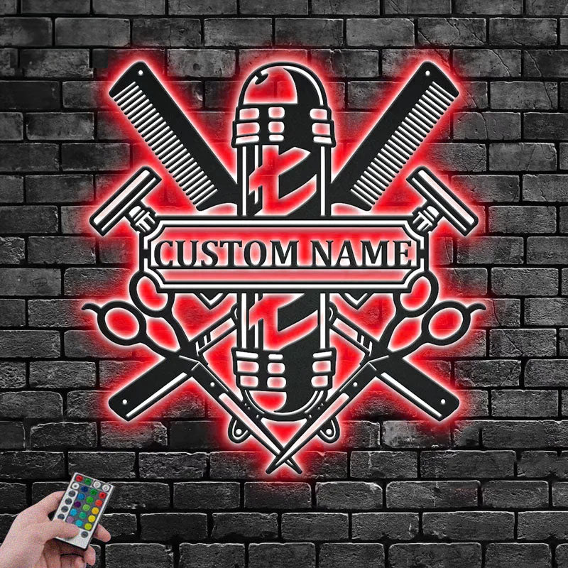 Personalized Barber Shop, Metal Wall Signs With RGB Led Light