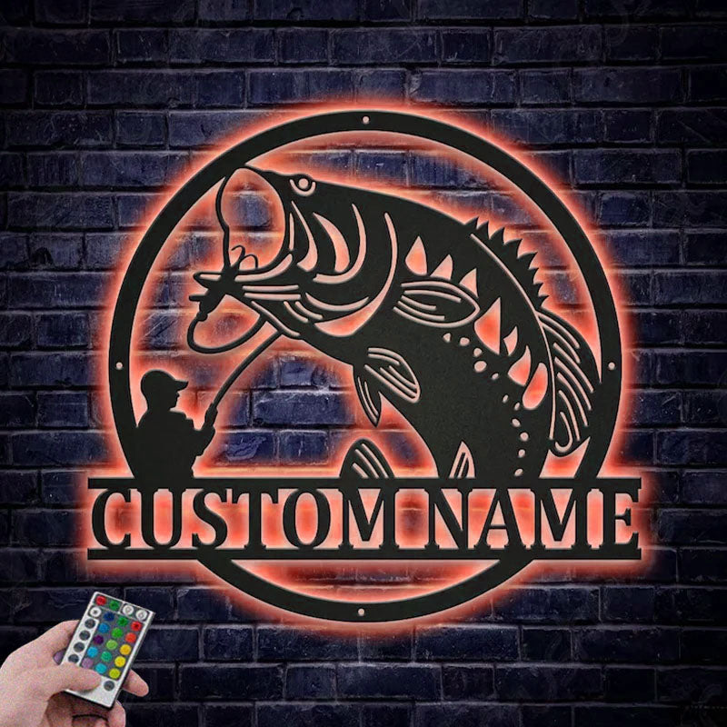 Personalized Bass Fishing Monogram Metal Wall Signs With RGB Led Light