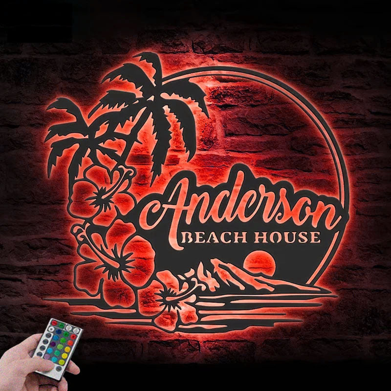 Personalized Beach House Hawaiian Flower Scene Metal Wall Signs With RGB Led Light
