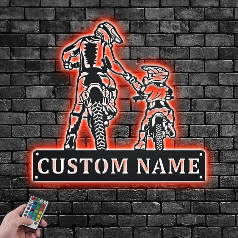 Personalized Biker Father And Son Metal Wall Signs With RGB Led Light