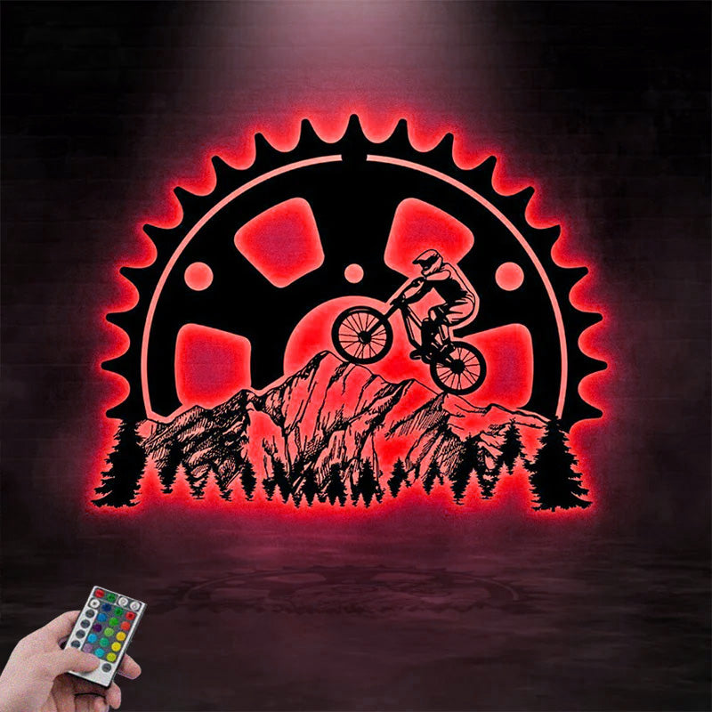 Personalized Biking Mountain Scene Metal Wall Signs With RGB Led Light