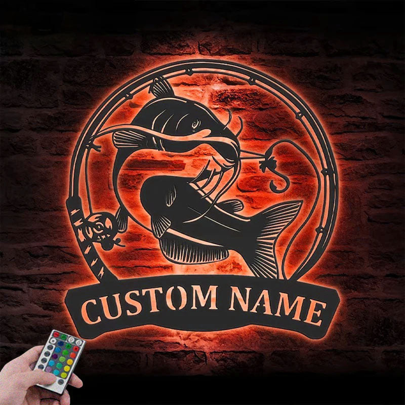 Personalized Black Bullhead Catfish Fishing Metal Wall Signs With RGB Led Light