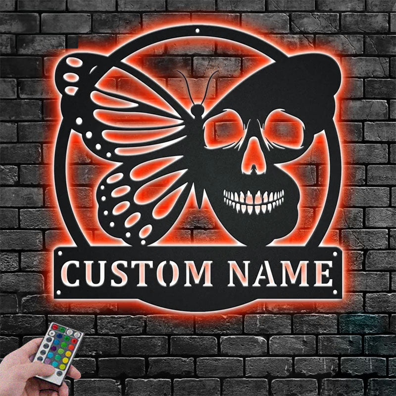 Personalized Butterfly Skull Metal Wall Signs With RGB Led Light