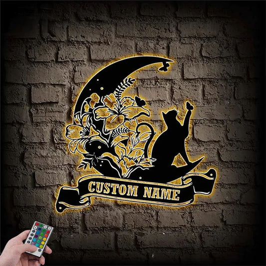 Personalized Cat And Moon, Metal Wall Signs With RGB Led Light