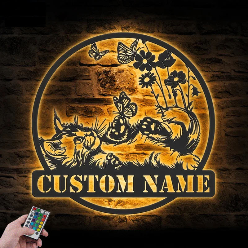 Personalized Cat With Butterfly, Metal Wall Signs With RGB Led Light
