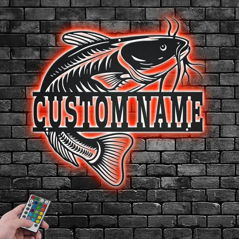 Personalized Catfish Fish Metal Wall Signs With RGB Led Light