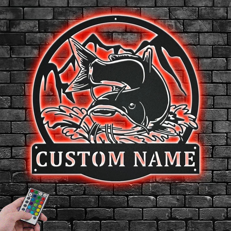 Personalized Catfish Fishing Metal Wall Signs With RGB Led Light