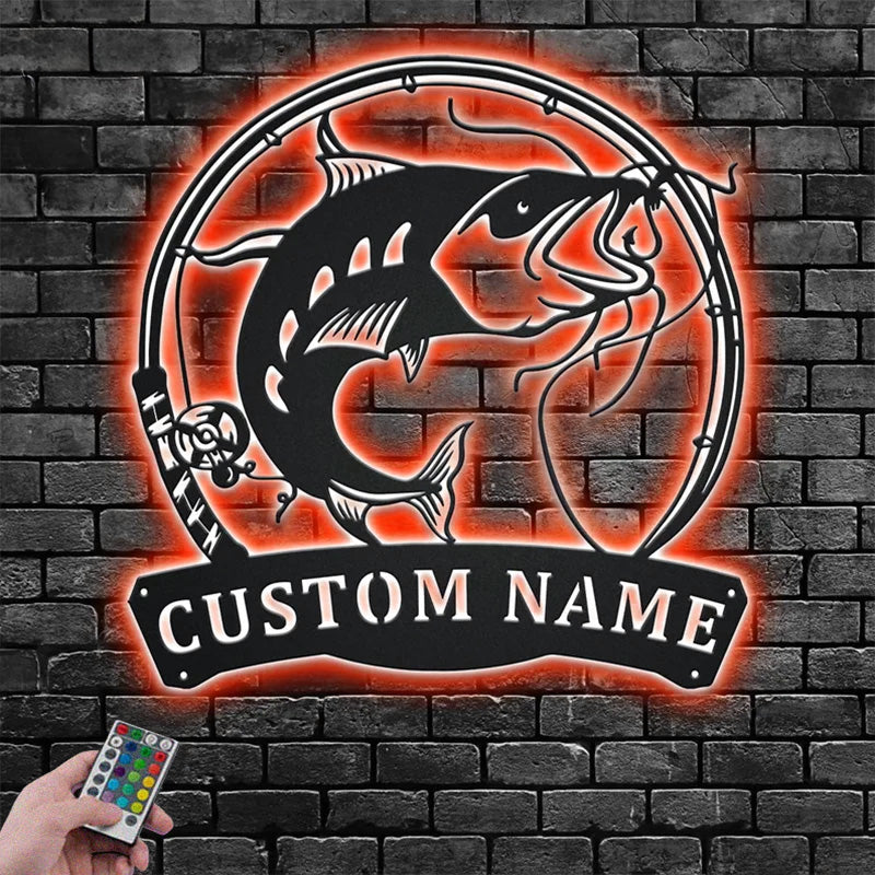 Personalized Catfish Fishing Metal Wall Signs With RGB Led Light