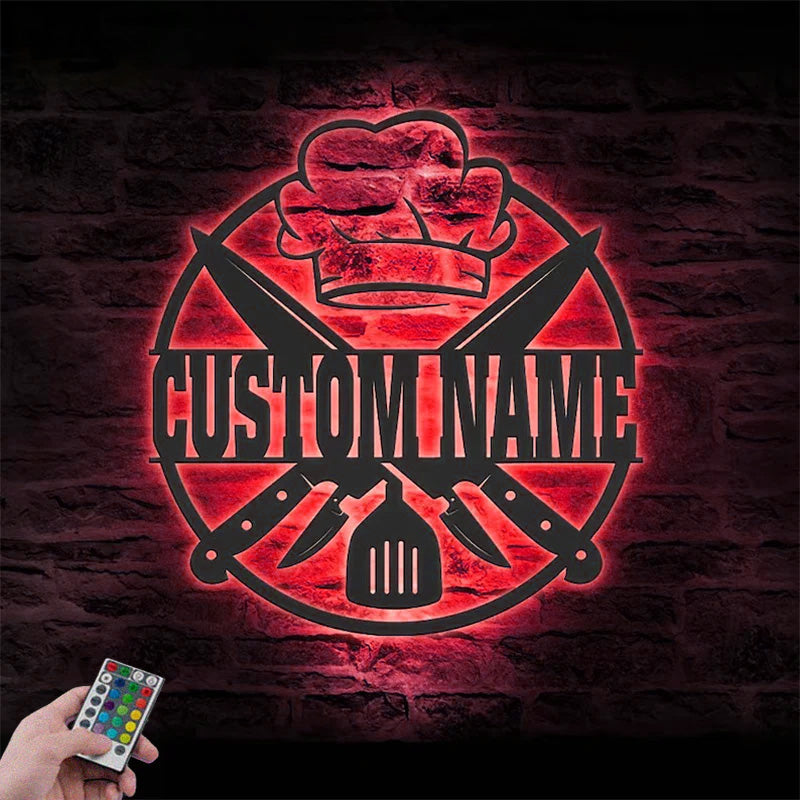 Personalized Chef Logo Metal Wall Signs With RGB Led Light