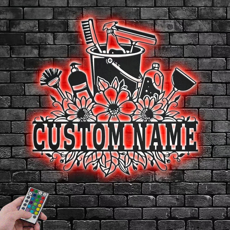 Personalized Cleaning Tool Frame Metal Wall Signs With RGB Led Light