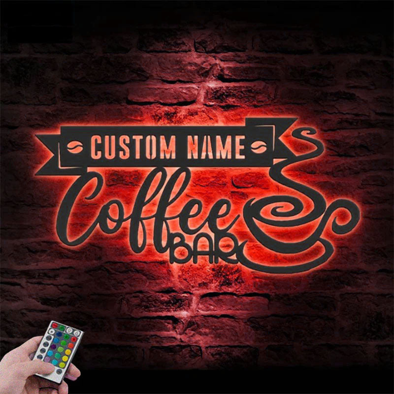 Personalized Coffee Bar Metal Wall Signs With RGB Led Light