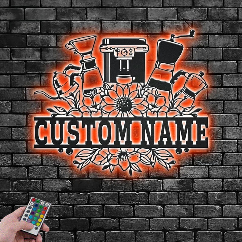 Personalized Coffee Maker Frame Metal Wall Signs With RGB Led Light
