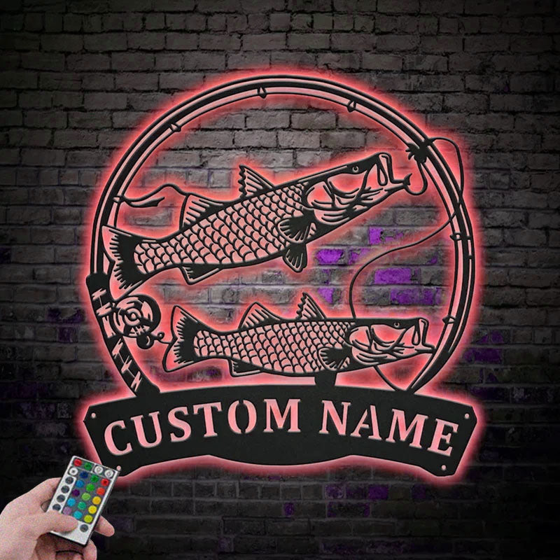 Personalized Common Snook Fishing Fish Pole Metal Wall Signs With RGB Led Light