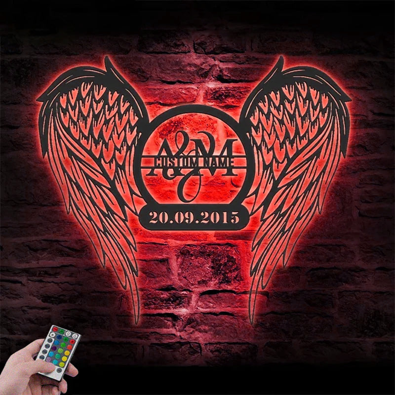 Personalized Couple Angel Wings Name Date Metal Wall Signs With RGB Led Light